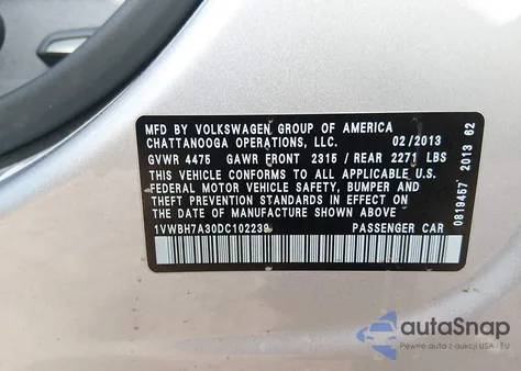 2013 Volkswagen Passat 2.5L Se z USA, uszkodzony, nr VIN 1VWBH7A30DC102239